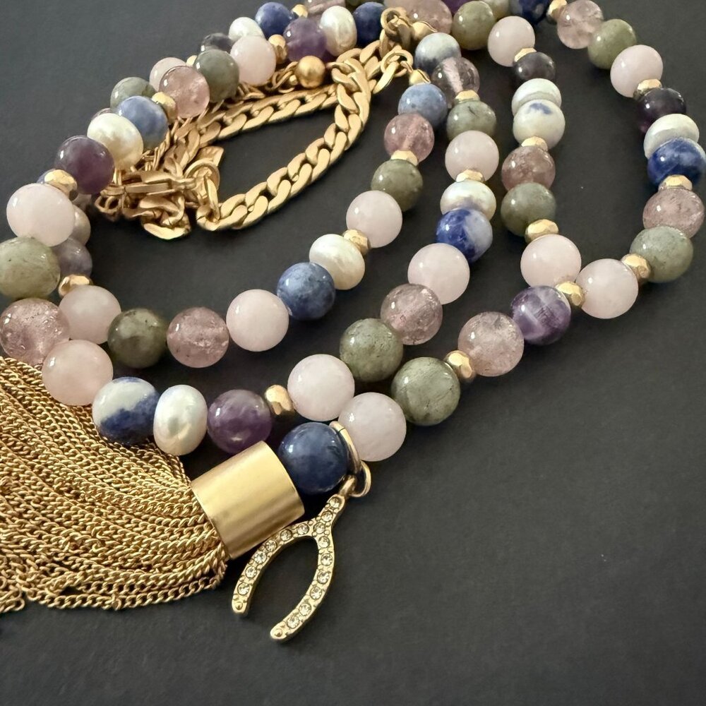 White House Black Market Semi Precious Beaded Tassel Necklace Gold Wishbone Luck